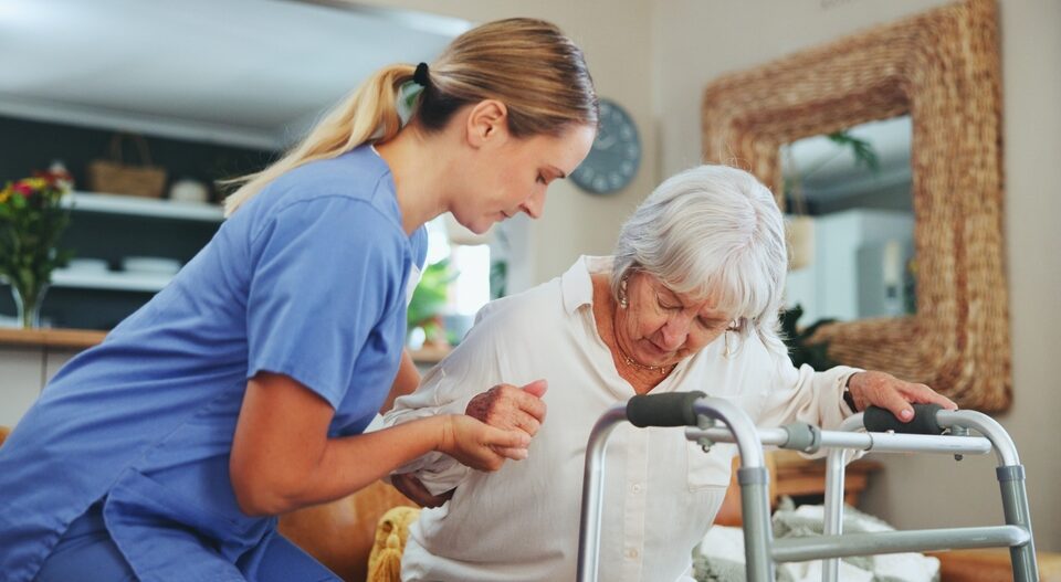 nurse,,senior,woman,and,walking,frame,with,balance,,recovery,and